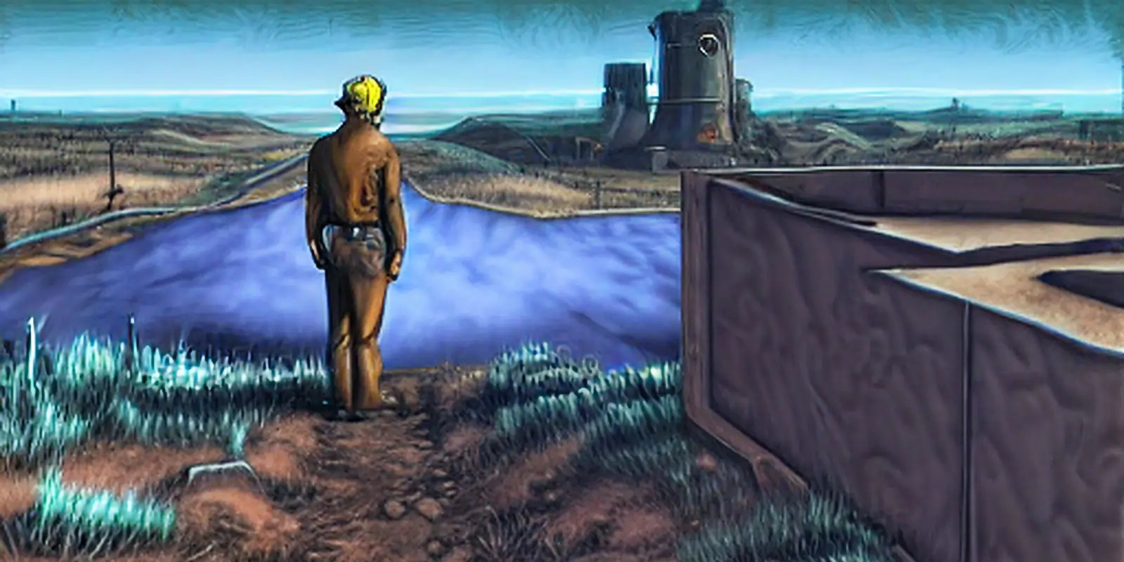 An image of man looking across a body of water to a 4ort